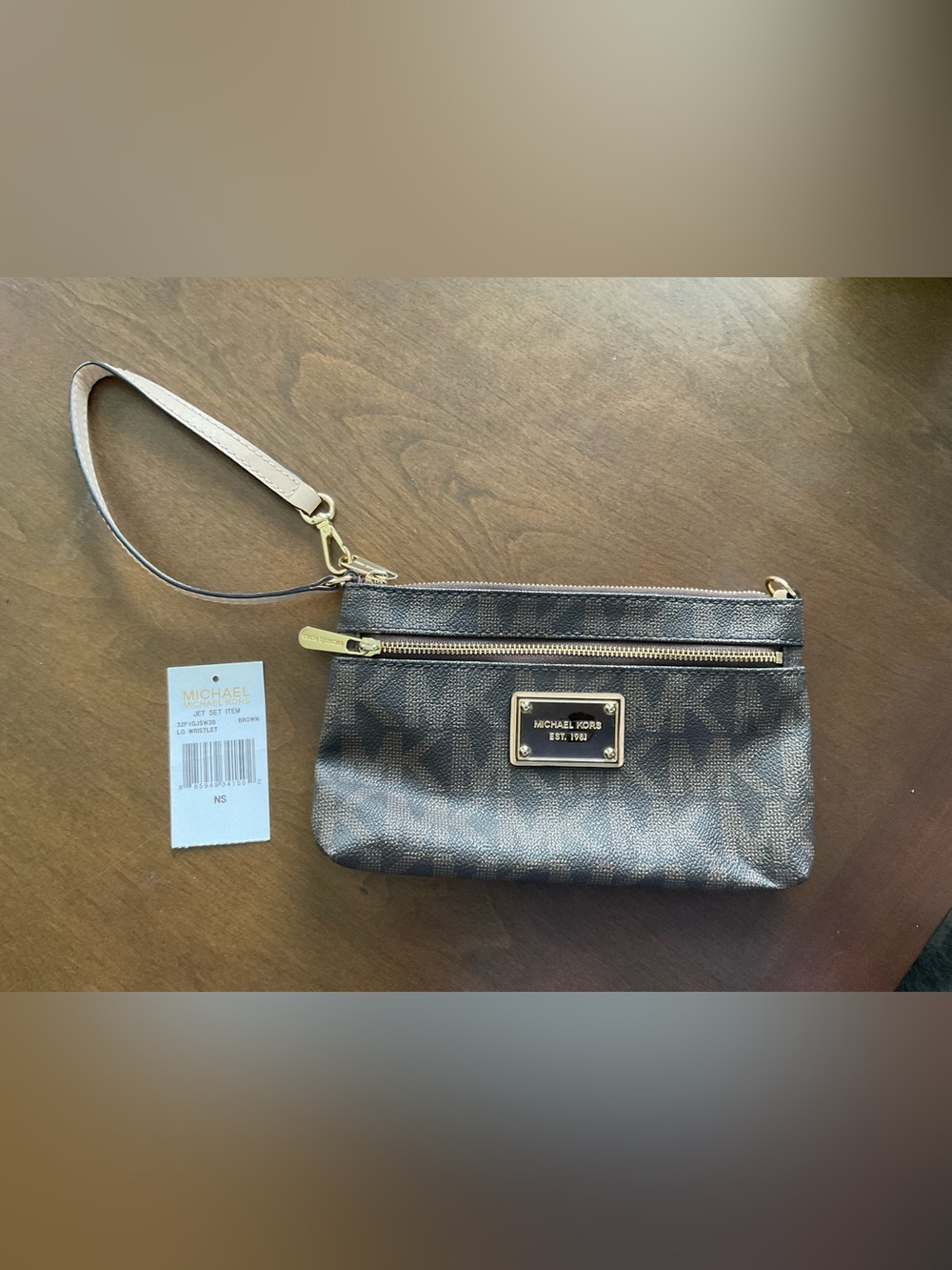 Michael Kors Brown Logo Wristlet with Tan Strap and Gold Hardware